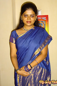 Hot Sexy Neha Nair Blue South Indian Sari