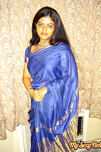 Hot Sexy Neha Nair Blue South Indian Sari