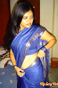 Hot Sexy Neha Nair Blue South Indian Sari